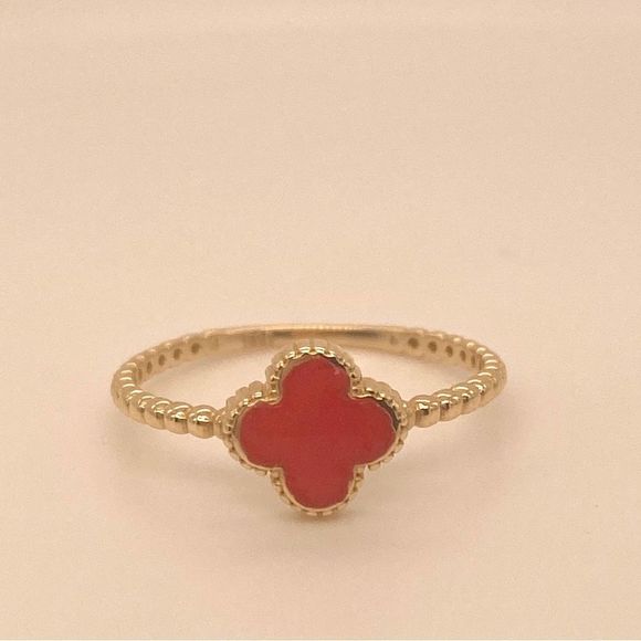 14K Yellow Gold red enamel beaded clover ring - Picture 1 of 7